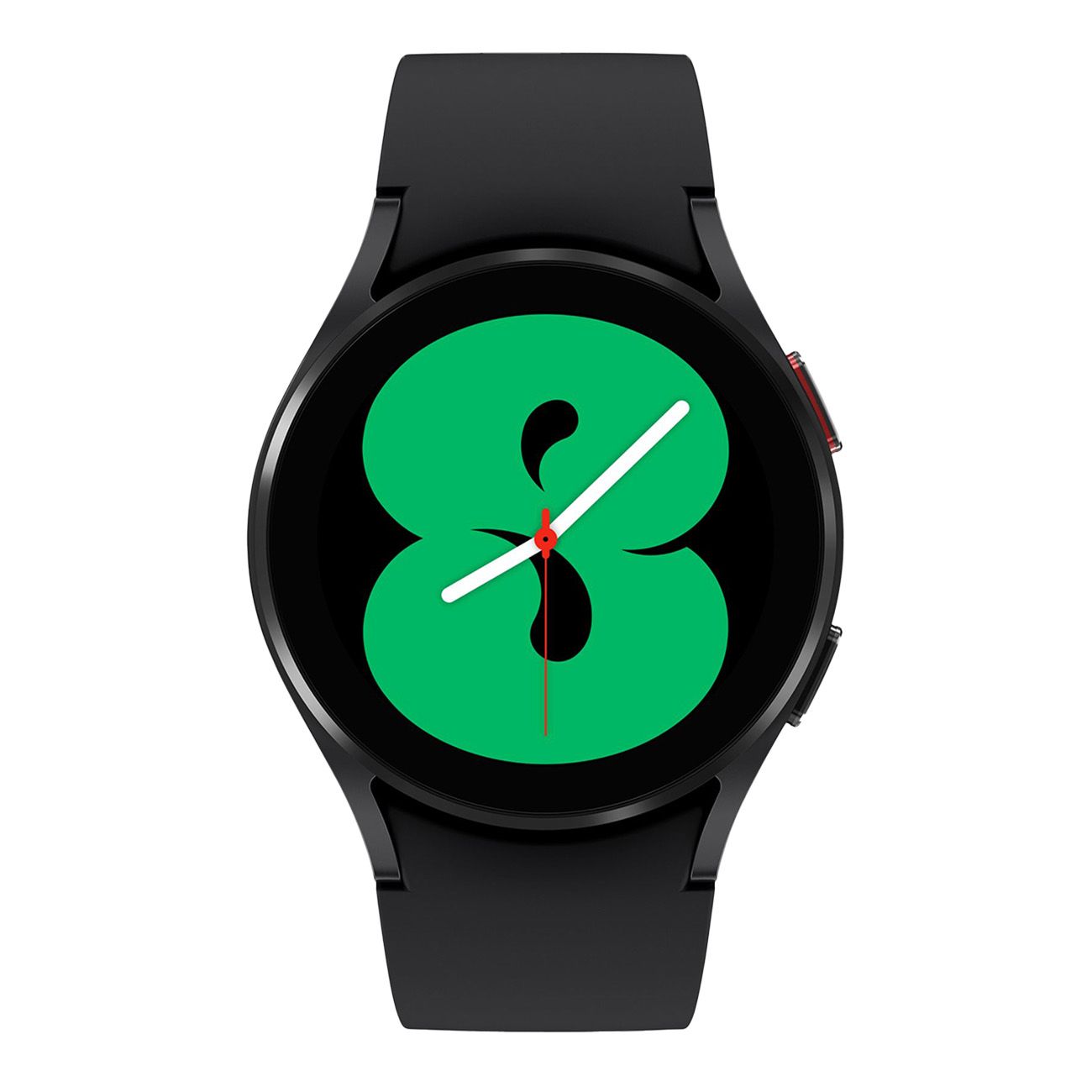 Schwarze Smartwatch mit rundem Zifferblatt. Grün dargestellte Ziffer 8 auf dem Display. Schwarzes Armband.