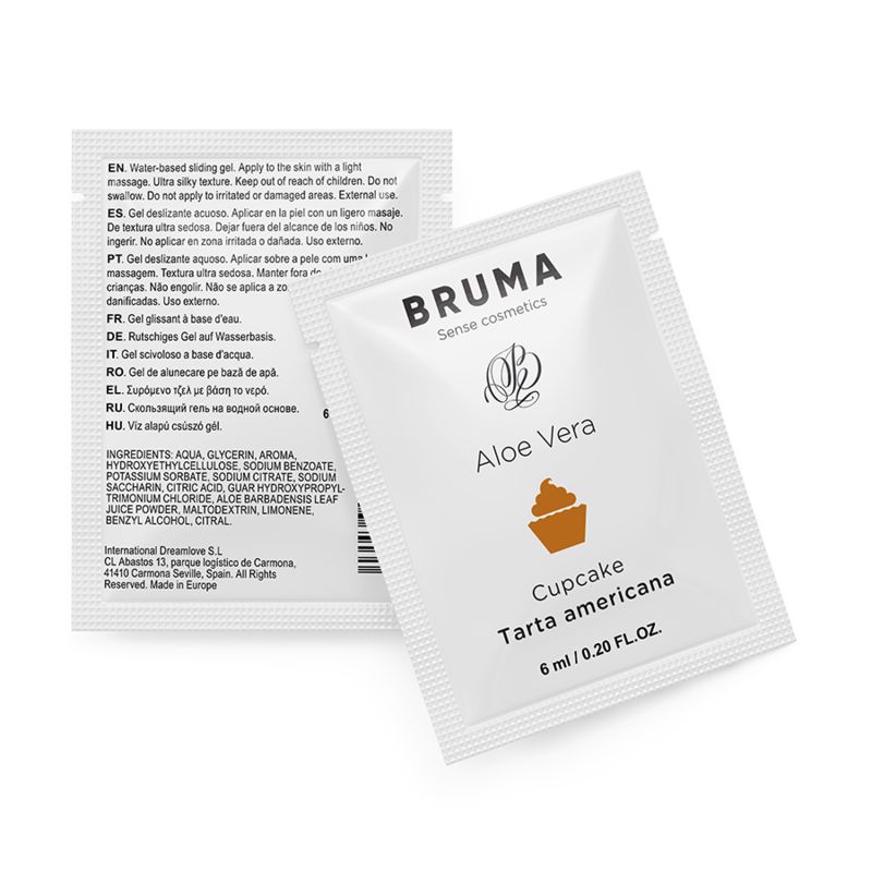 Zwei weiße Beutel mit Produktinformationen. Aufdruck: BRUMA, Aloe Vera, Cupcake, Tarta americana, 6 ml / 0.20 FL.OZ. Text in mehreren Sprachen.