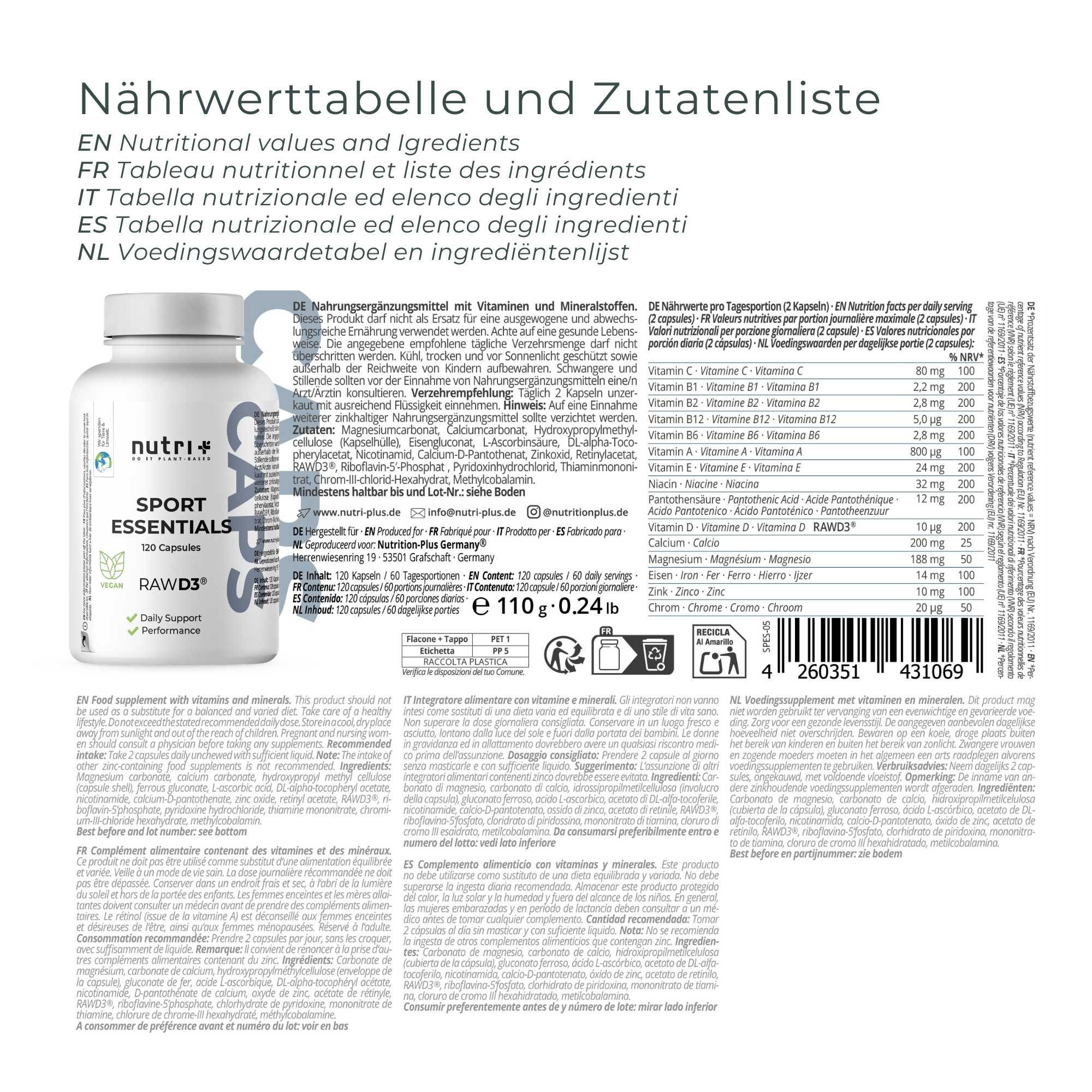 Flasche nutri+ Sport Essentials Kapseln, Nährwerttabelle und Zutatenliste.