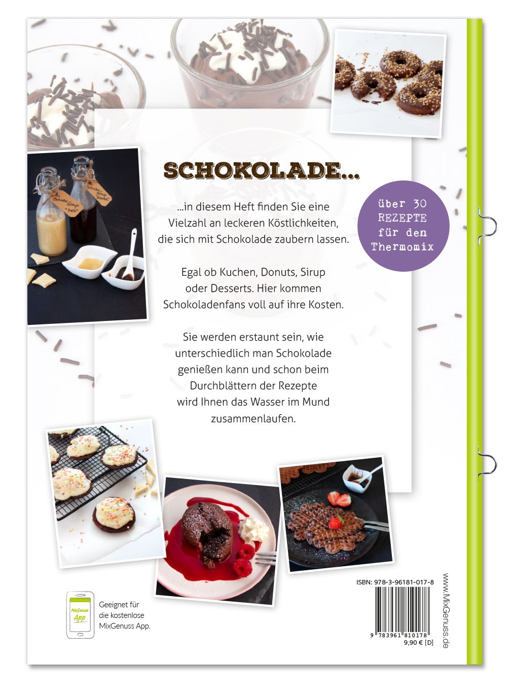 Rückseite des Kochbuchs "Alle lieben SCHOKOLADE". Rezepte für Thermomix. Fotos von Schokoladen-Desserts und Zutaten.