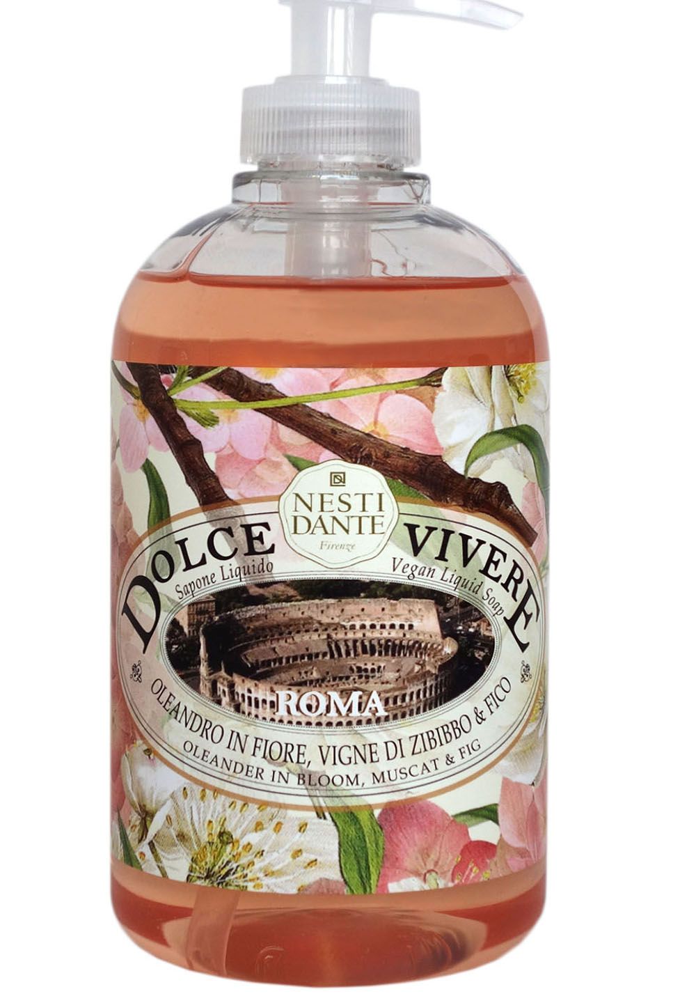 Flüssigseife in einer transparenten Flasche mit Dosierpumpe. Etikett mit floralem Design und Produktbezeichnung.