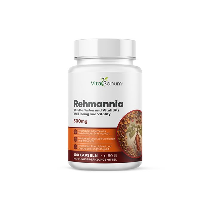 Weiße Flasche mit VitaSanum®-Rehmannia-Etikett. Enthält Kapseln. Aufschrift: 500mg, 100 Kapseln.