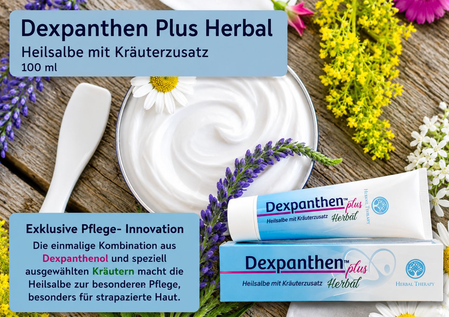 Dexpanthen Plus Herbal Salbe in einer Tube und Schachtel, daneben eine Schale mit Salbe und ein Spatel.