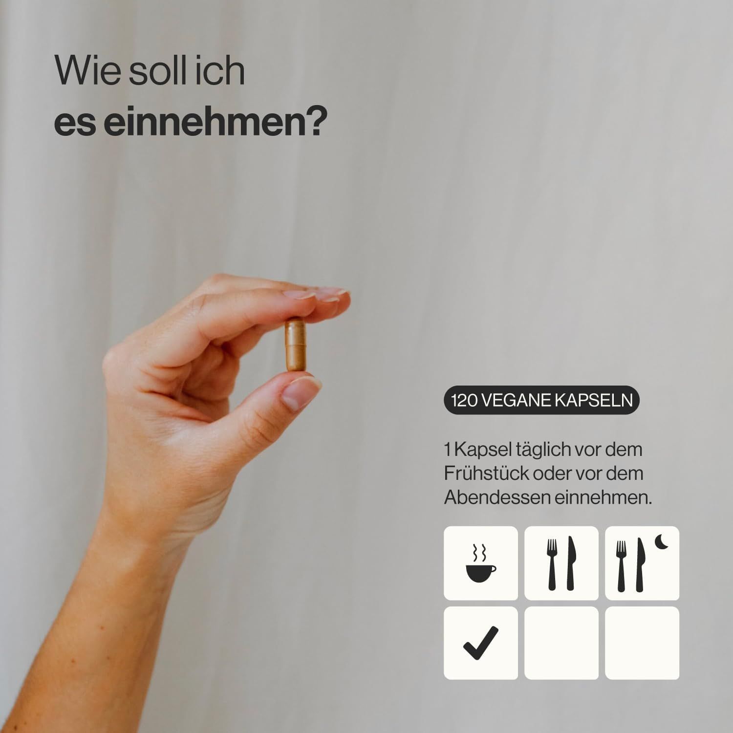 Hand hält eine Kapsel. Text: 120 vegane Kapseln. Einnahmeempfehlung mit Symbolen: Frühstück, Abendessen, Check-Symbol.