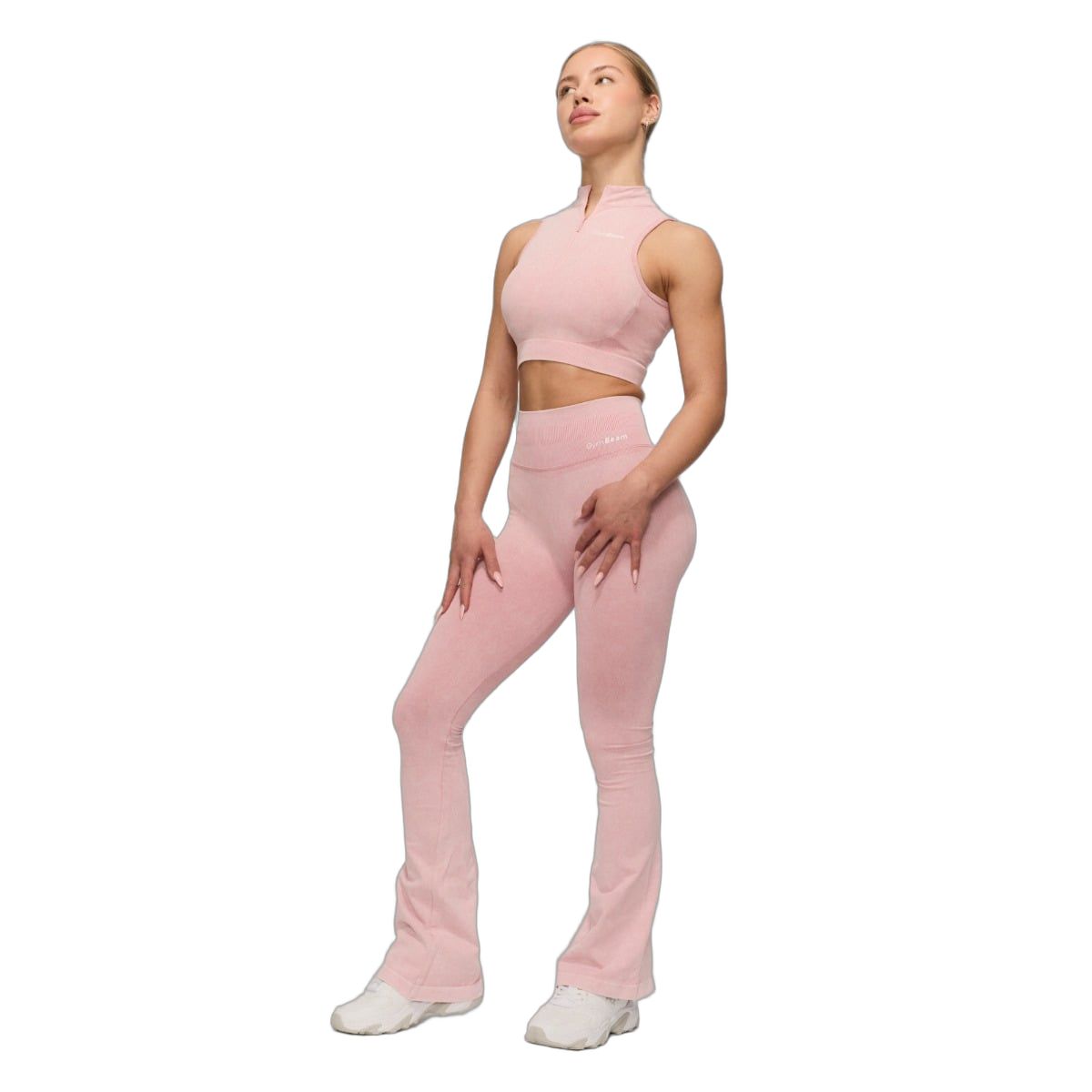 Rosa nahtlose Leggings mit hoher Taille und ausgestelltem Bein.