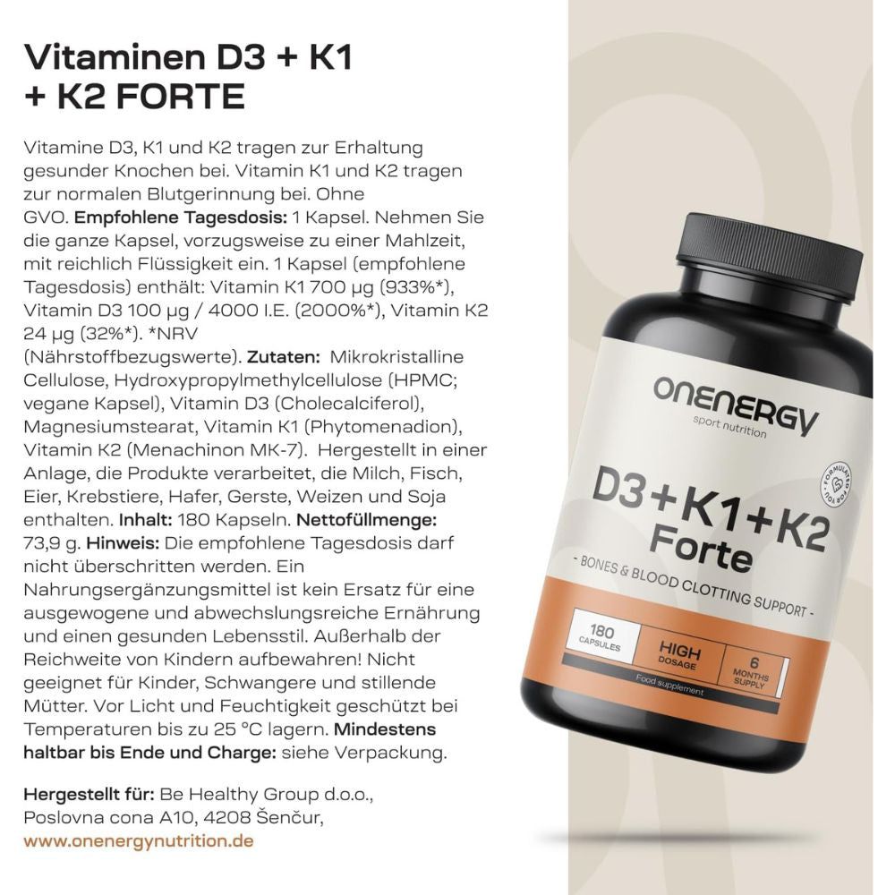 Text über Vitaminen D3, K1 und K2. Enthält Informationen zu Inhaltsstoffen, Dosierung und Warnhinweisen. Flasche OnEnergy D3+K1+K2 Forte.