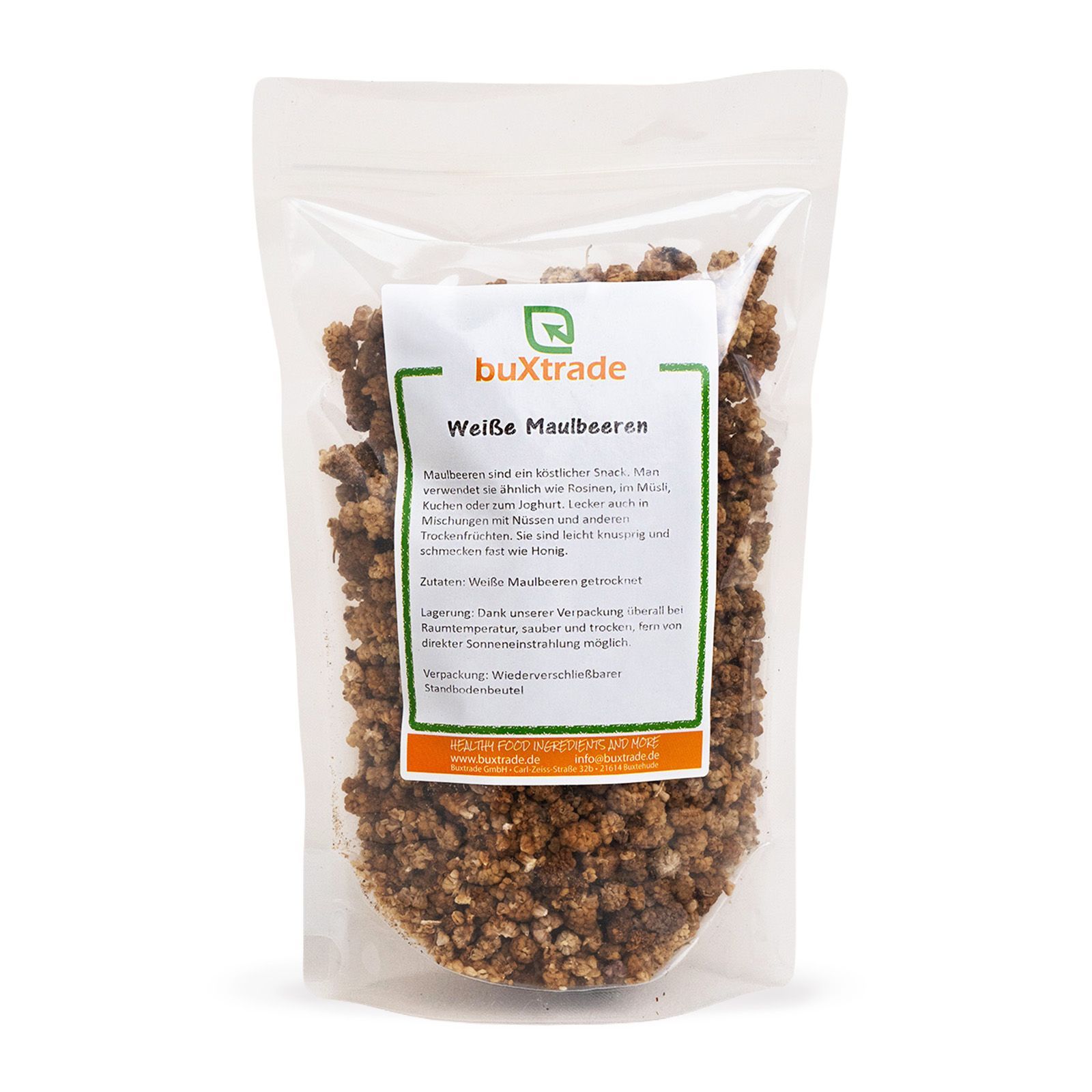 Verpackung von buXtrade Weie Maulbeeren. Transparente Tüte mit Etikett. Text: Weie Maulbeeren.
