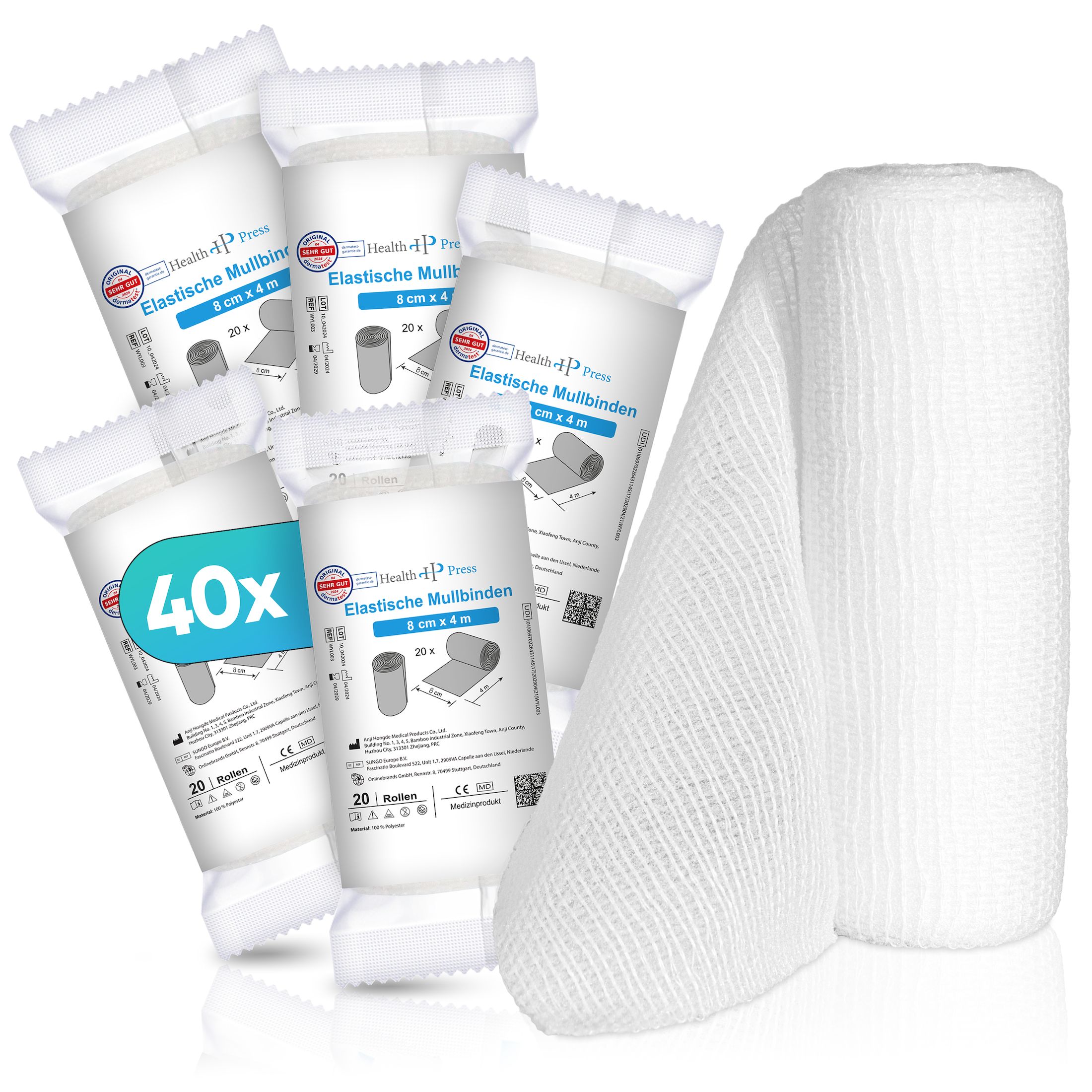 Mehrere einzeln verpackte elastische Mullbinden, eine lose Rolle Mullbinde.
