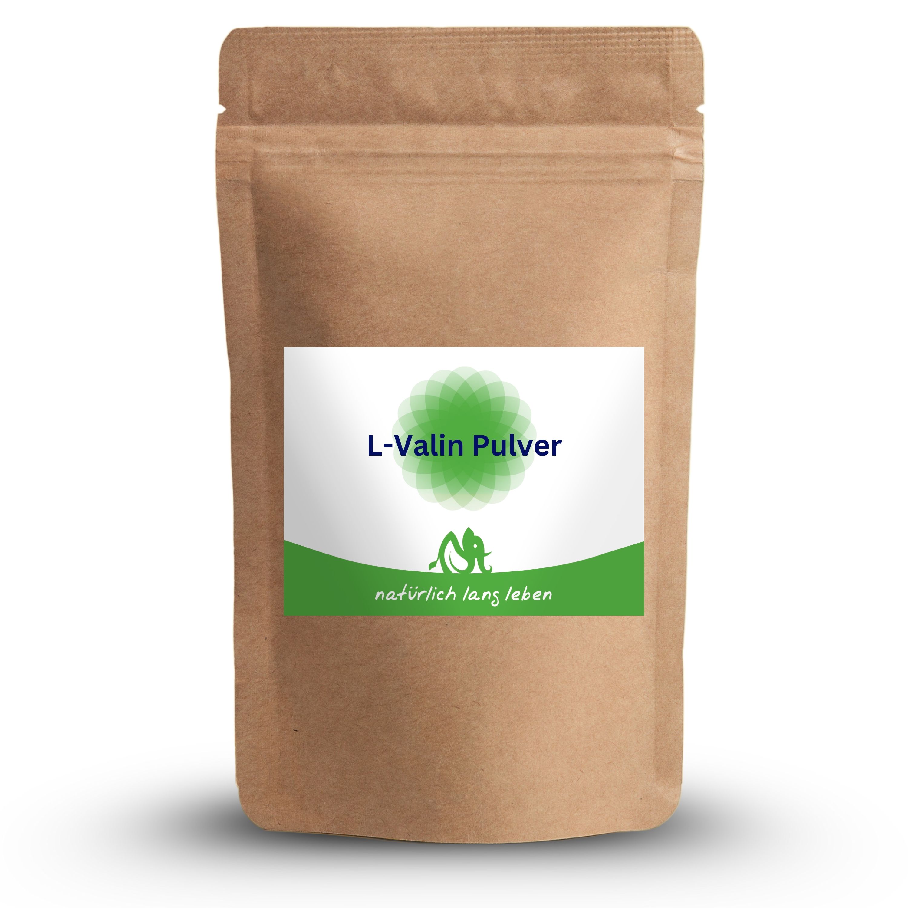 Braune Tüte mit weißem Etikett. Aufschrift: L-Valin Pulver, Logo und "natürlich lang leben".