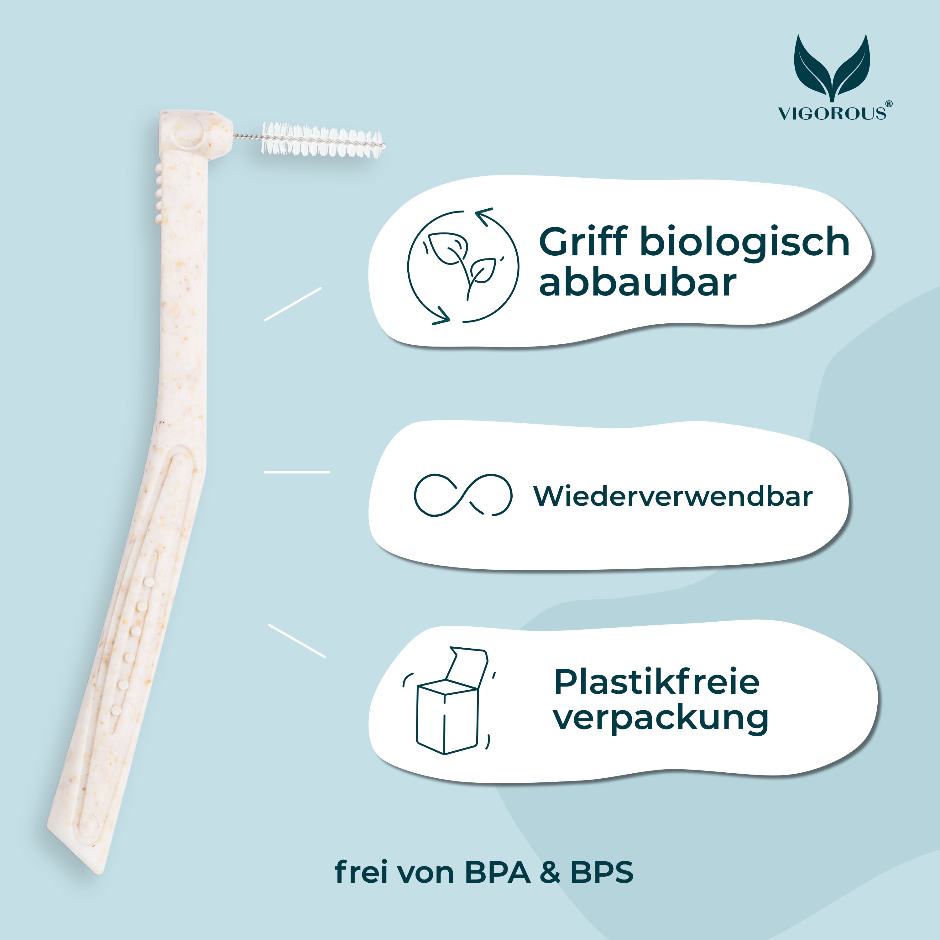 Interdentalbürste mit Text: Griff biologisch abbaubar, wiederverwendbar, plastikfreie Verpackung. Logo: VIGOROUS®. Text: frei von BPA & BPS.