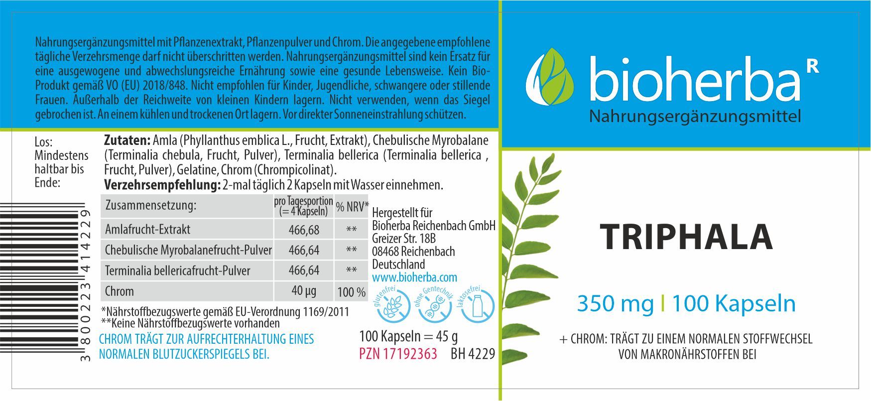 Etikett mit Produktinformationen. Enthält Angaben zu Inhaltsstoffen, Dosierung und Hersteller. Der Name Triphala ist deutlich sichtbar.