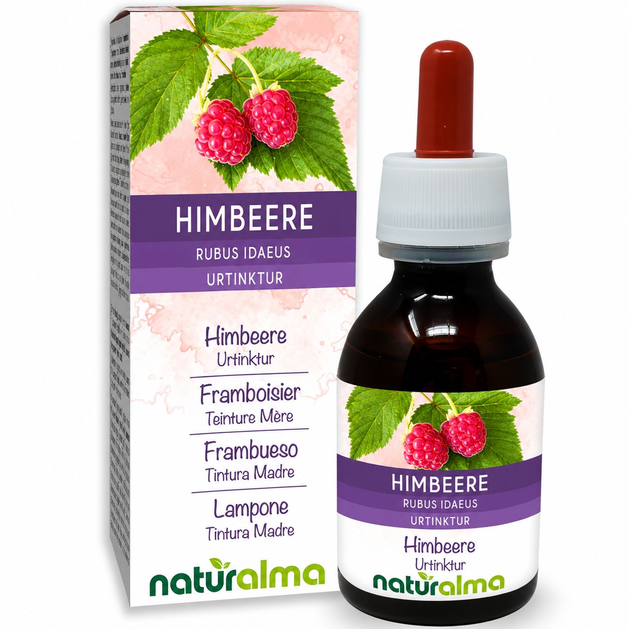 Himbeere Urtinktur von Naturalma in einer Braunglasflasche mit Pipette.