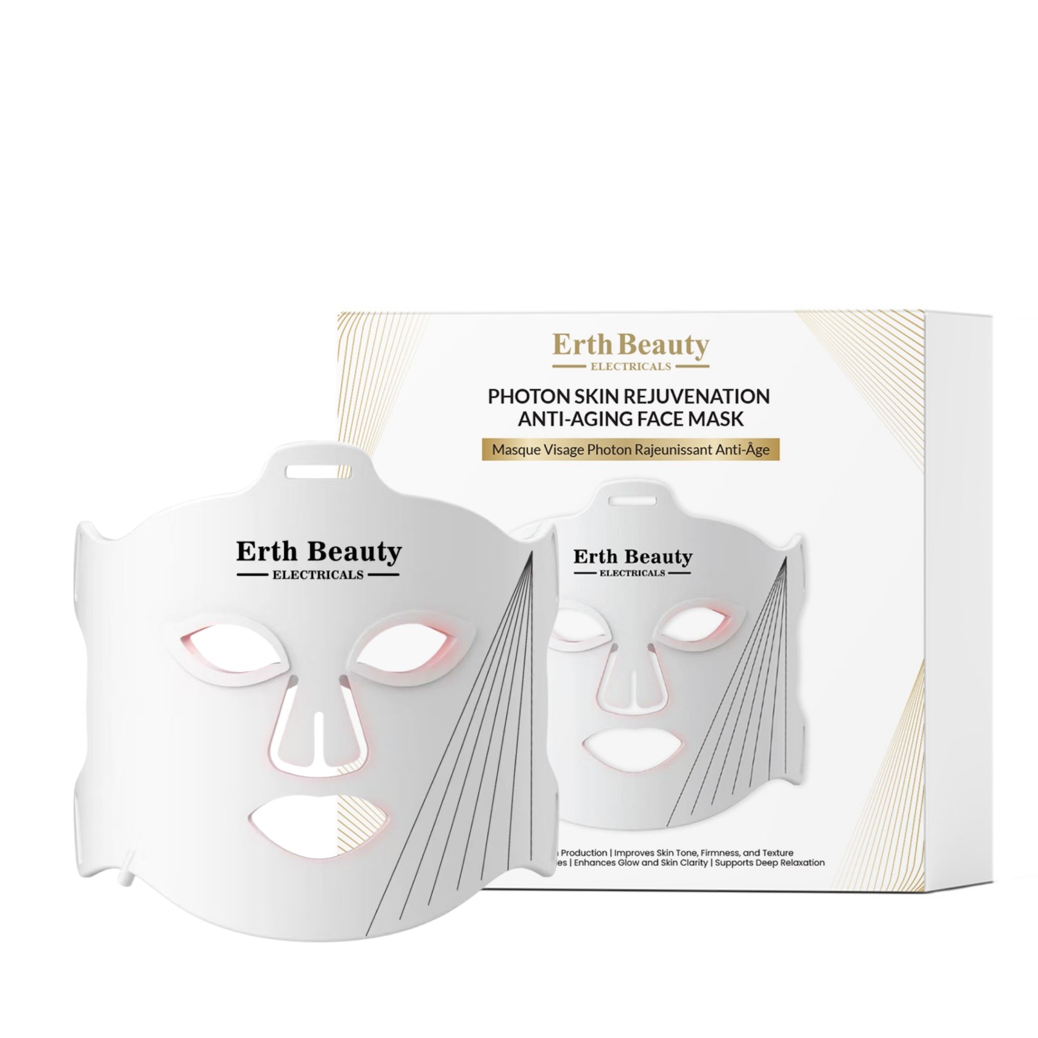 Gesichtsmaske und Verpackung. Erth Beauty, Photon Skin Rejuvenation Anti-Aging Face Mask. Text in Englisch und Französisch.