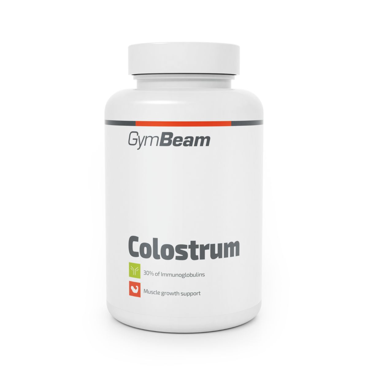 GymBeam Colostrum Kapseln in weißem Behälter mit orange-grauem Etikett. Enthält 30% Immunglobuline und unterstützt das Muskelwachstum.