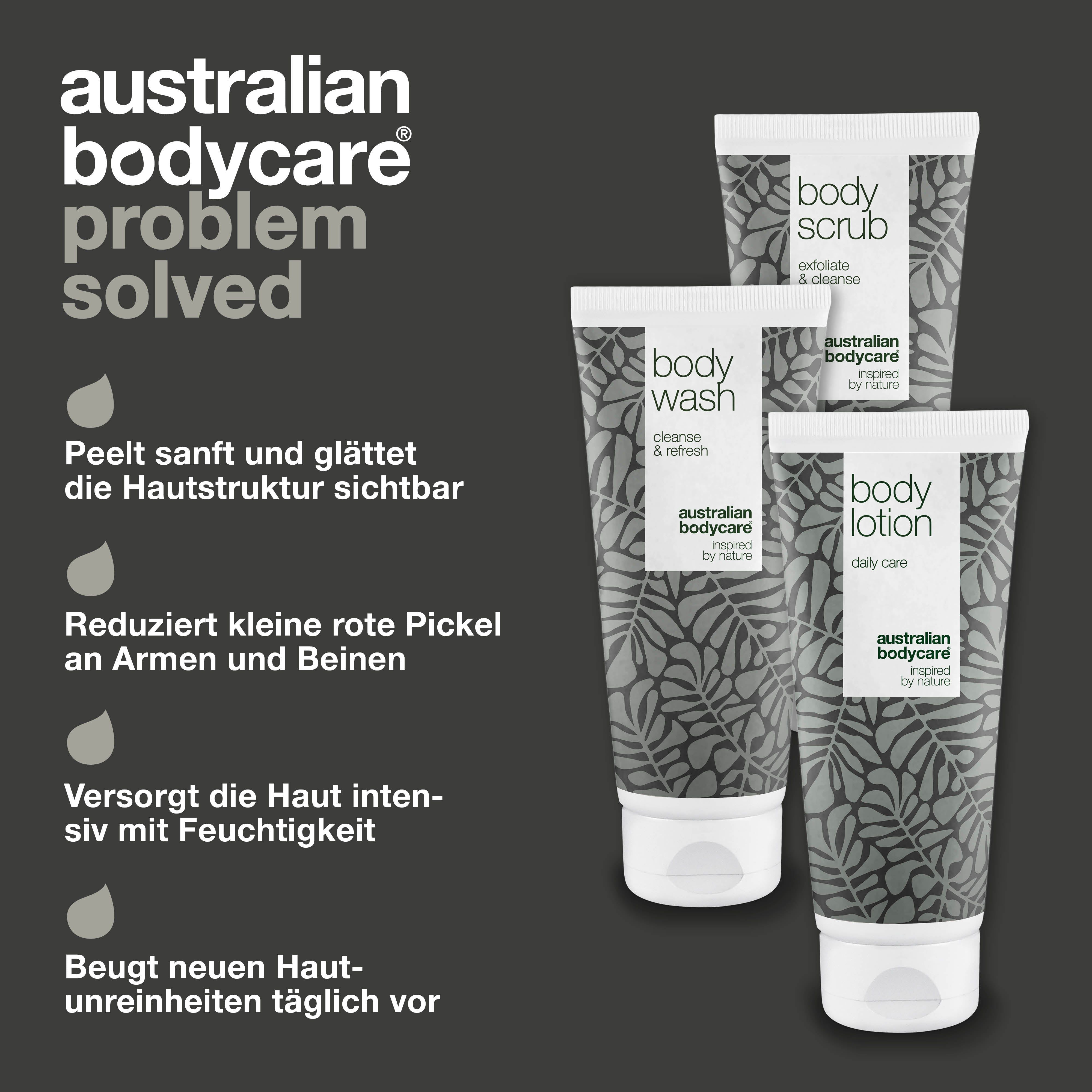 Drei Tuben. Aufschrift: Body Scrub, Body Wash, Body Lotion. Marke: Australian Bodycare. Text: Problem gelöst. Graues Blattmuster.