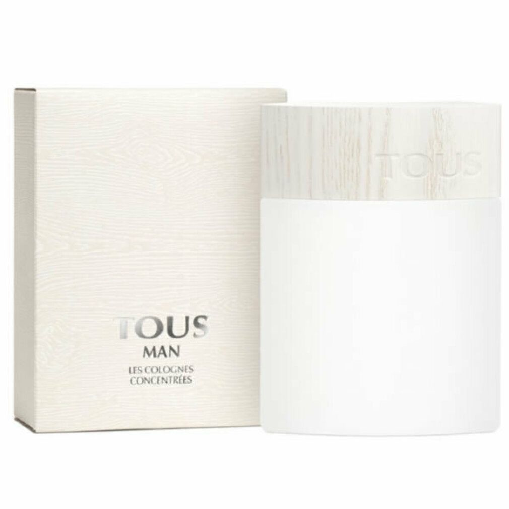 Tous Man Les Colognes Concentrées Flakon und Verpackung. Weißes Glas, Holzdeckel, rechteckige Verpackung mit Logo.
