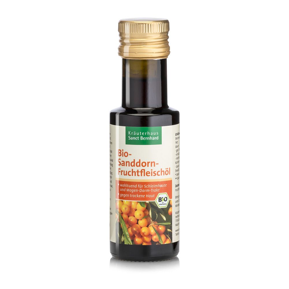 Braune Glasflasche mit goldenem Deckel. Etikett mit Produktbezeichnung und Bio-Siegel.