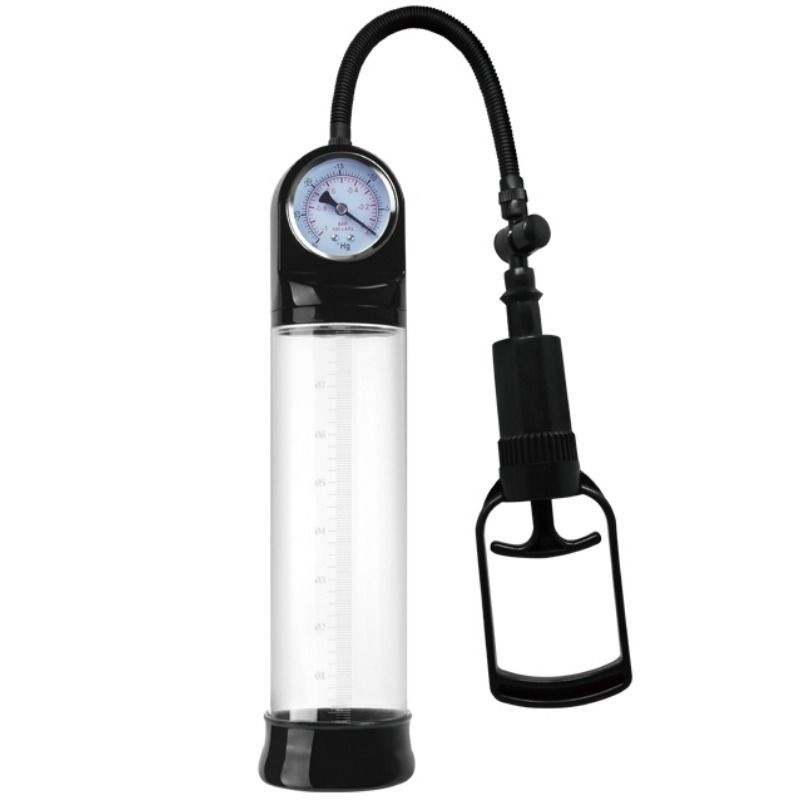 Transparente Penispumpe mit schwarzem Griff und Manometer. Vertikale Ausrichtung.