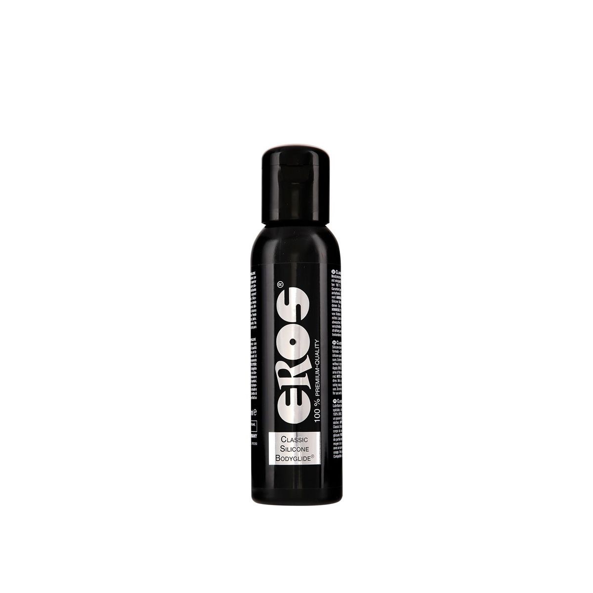 Schwarze Flasche mit EROS Logo und 'Classic Silicone Bodyglide' Aufschrift.