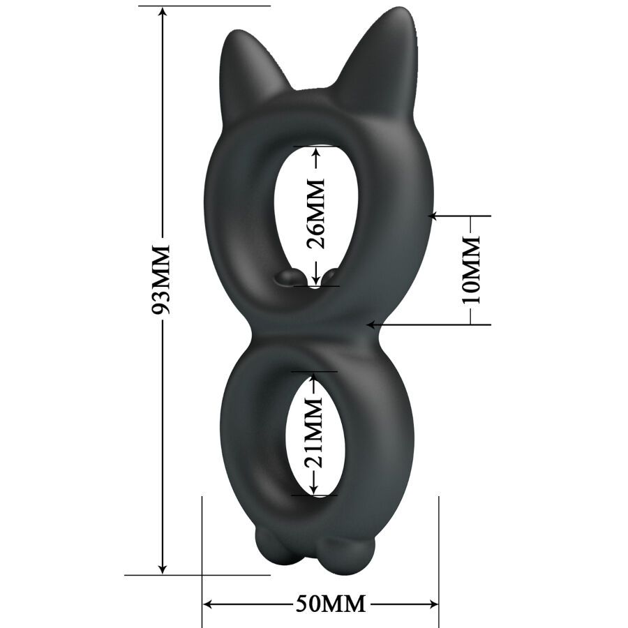 Schwarzer Doppel-Penisring mit Katzenohren-Design. Abmessungen: 93mm hoch, 50mm breit, Ringdurchmesser 21mm und 26mm.