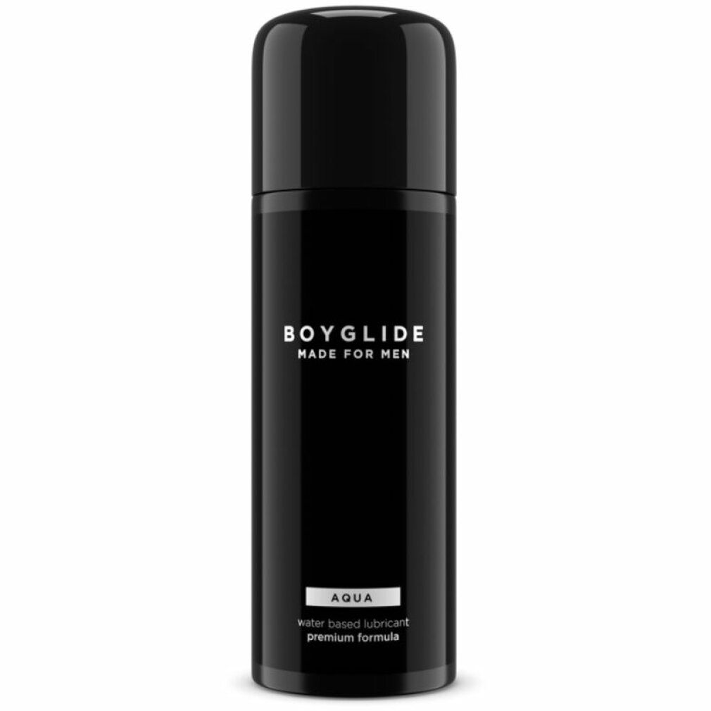 Schwarze Flasche mit silbernem Etikett. Zeigt "BOYGLIDE MADE FOR MEN AQUA water based lubricant premium formula".