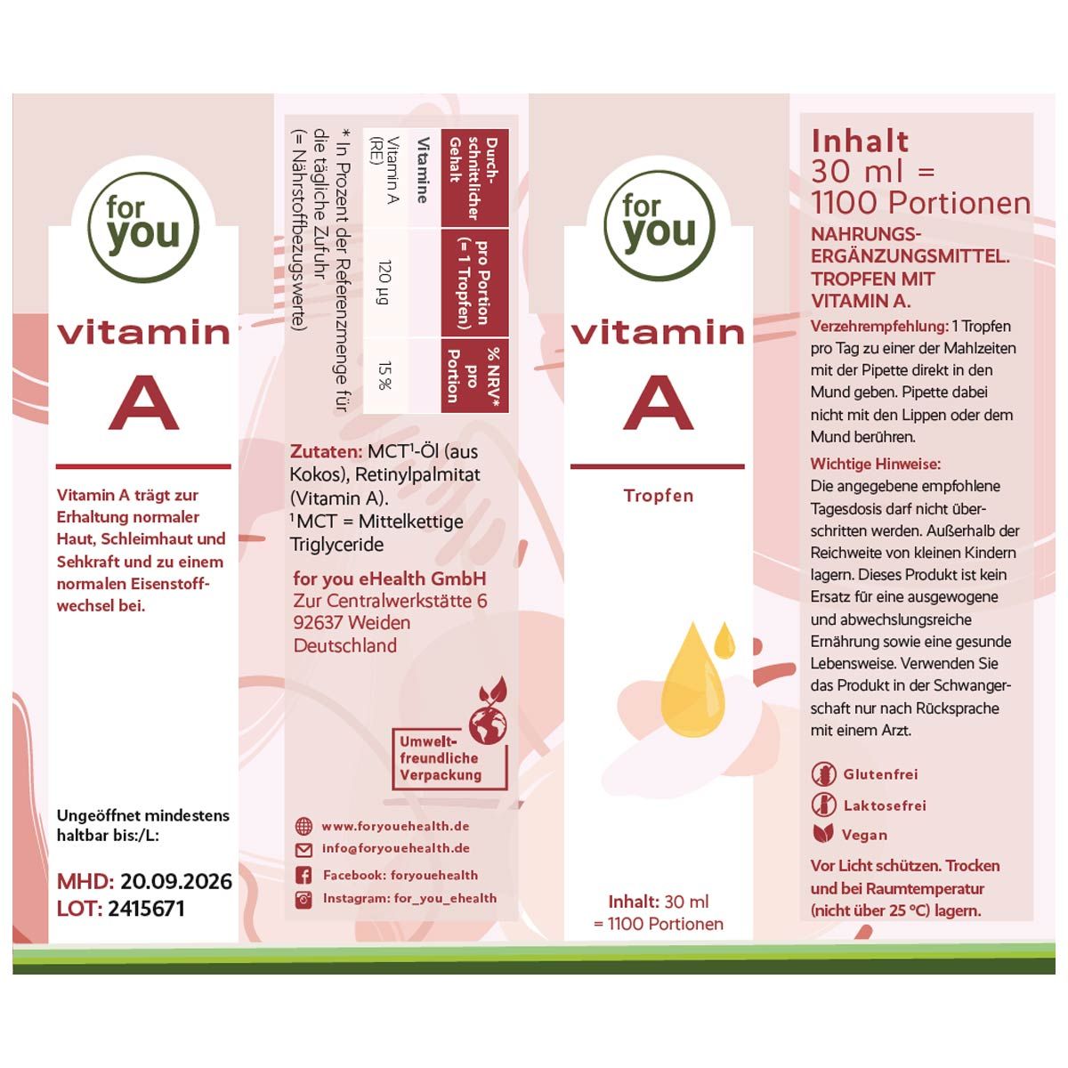 Ausgeklappte Verpackung mit Aufschrift: for you Vitamin A Tropfen. Rosa Etikett mit gelben Tropfen. Enthält Informationen und Inhaltsstoffe.