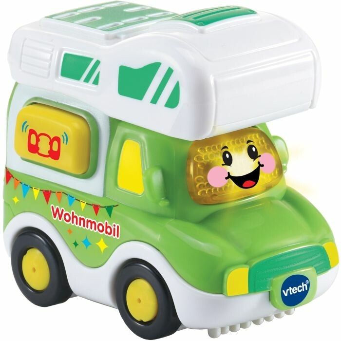 Grünes Wohnmobil-Spielzeug mit weißem Dach. Aufschrift: "Wohnmobil" und "Vtech".