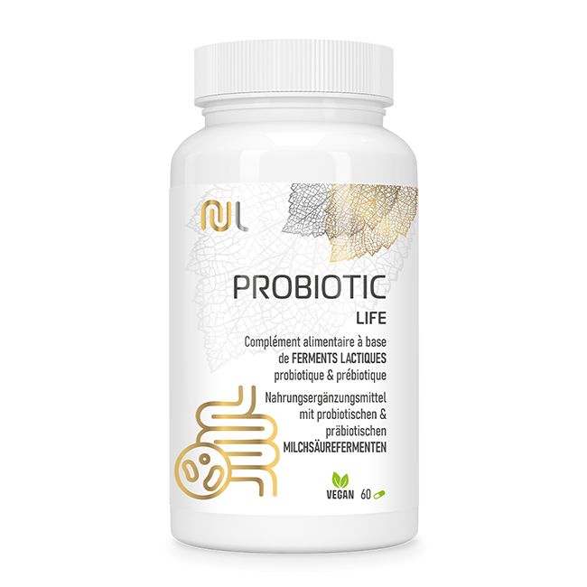 Weiße Flasche mit "PROBIOTIC LIFE"-Aufdruck. Enthält 60 Kapseln. Vegan-Siegel. Goldene Illustration des Darms.