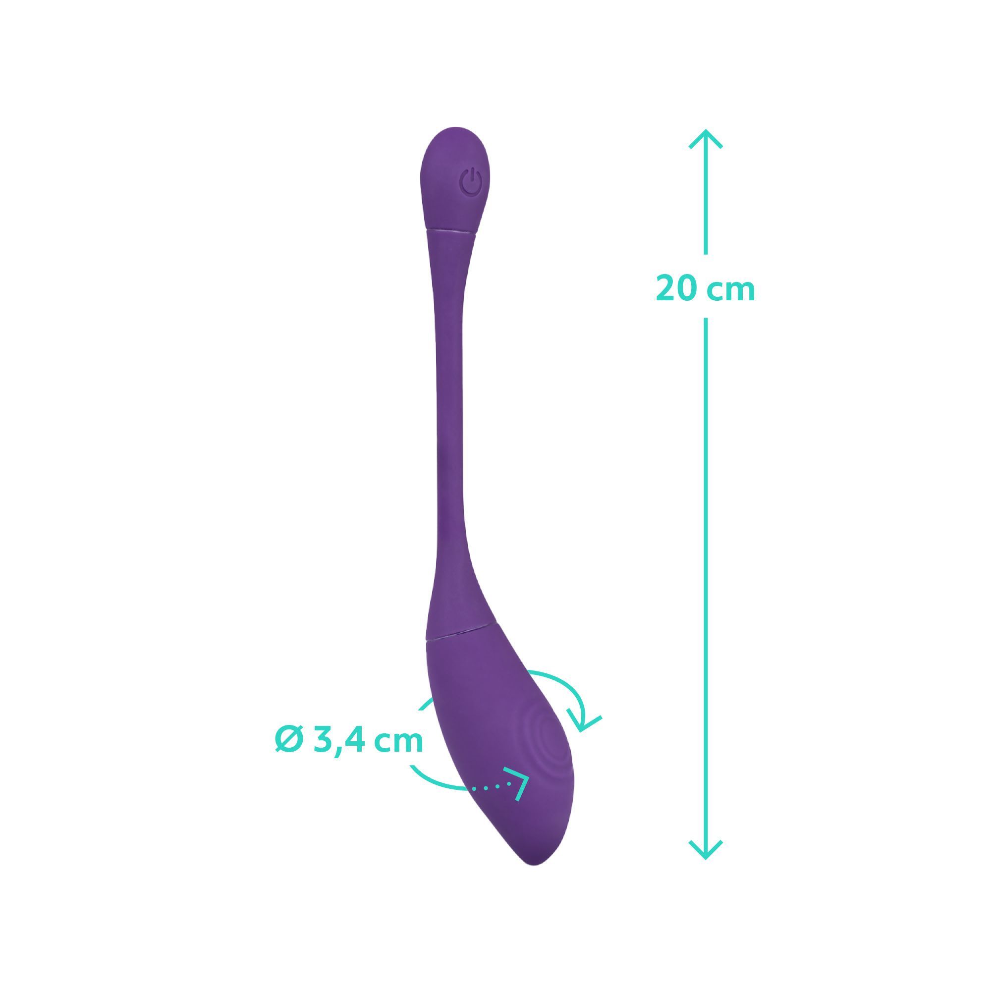 Lila Wellness-Produkt mit länglicher Form. Durchmesser 3,4 cm, Höhe 20 cm. Pfeile zeigen die Abmessungen.