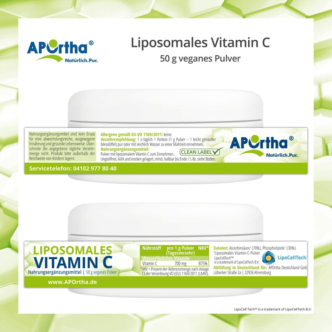 Zwei weiße Dosen mit Etiketten. Aufschrift: APOrtha® Liposomales Vitamin C. Informationen zur Nährwerttabelle und Inhaltsstoffen.