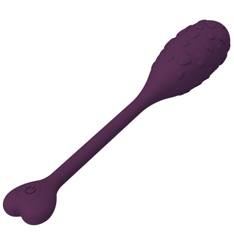 Lila Vibrator mit Herzspitze und ovalem, texturiertem Körper, aus der Seitenansicht. Silikon, USB-aufladbar.