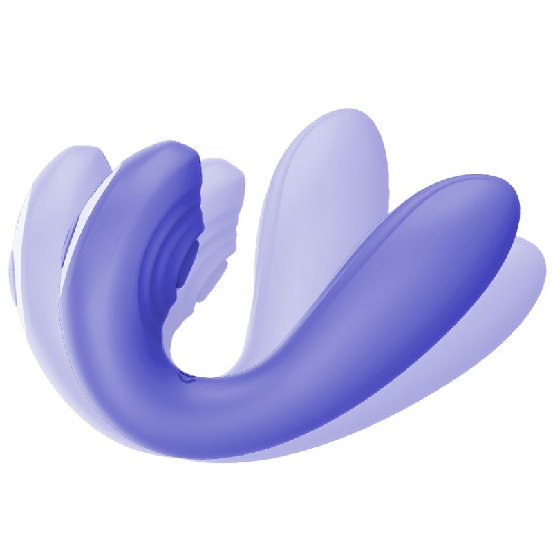 Lila Vibrator in Bewegung. U-förmig, mit zwei abgerundeten Enden. Oberflächenstruktur erkennbar.