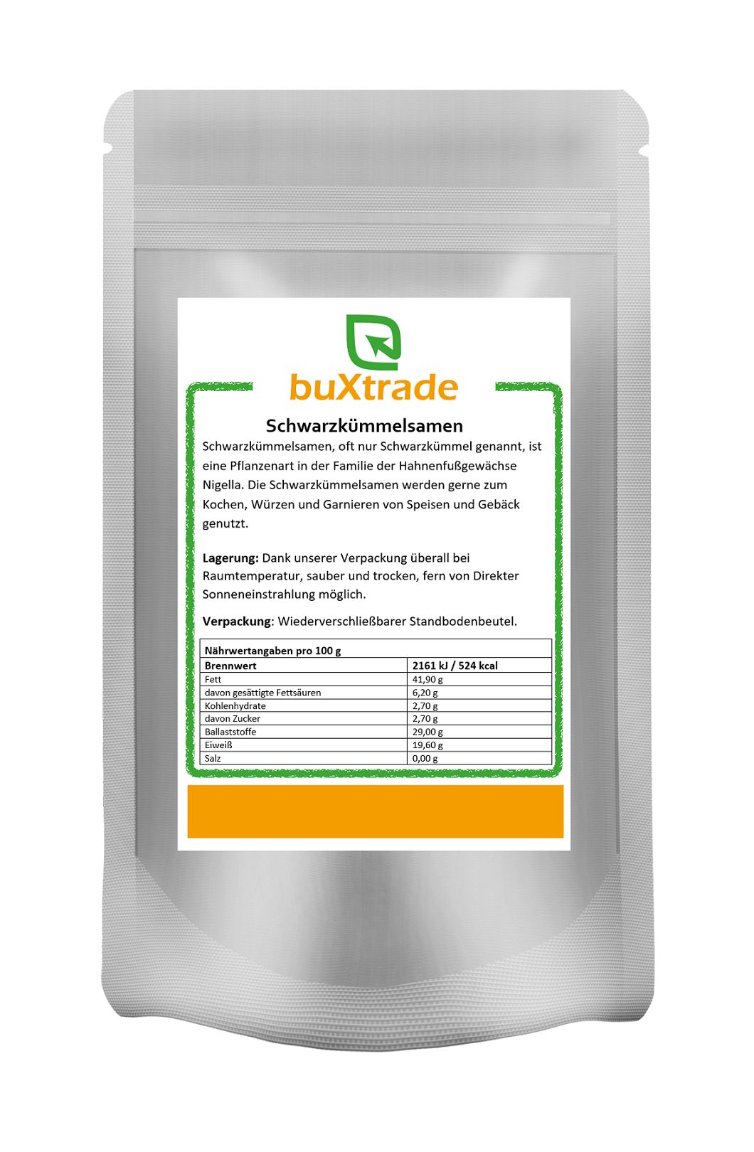 Beutel mit buXtrade Schwarzkümmelsamen. Weißer Beutel mit Etikett, grüne Schrift. Nährwertangaben.