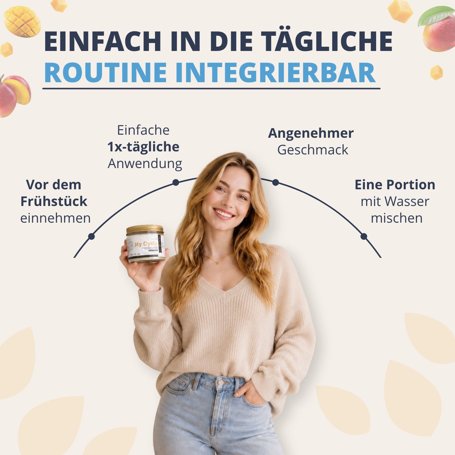 Frau hält einen Behälter des Produkts. Infografik zeigt tägliche Einnahme, Geschmack und Mischung mit Wasser.