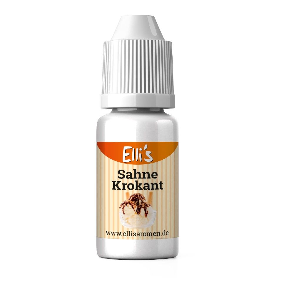 Fläschchen mit weißem Deckel und Etikett. Aufschrift: Elli's Sahne Krokant. Abbildung: Eisbecher mit Schokosauce.