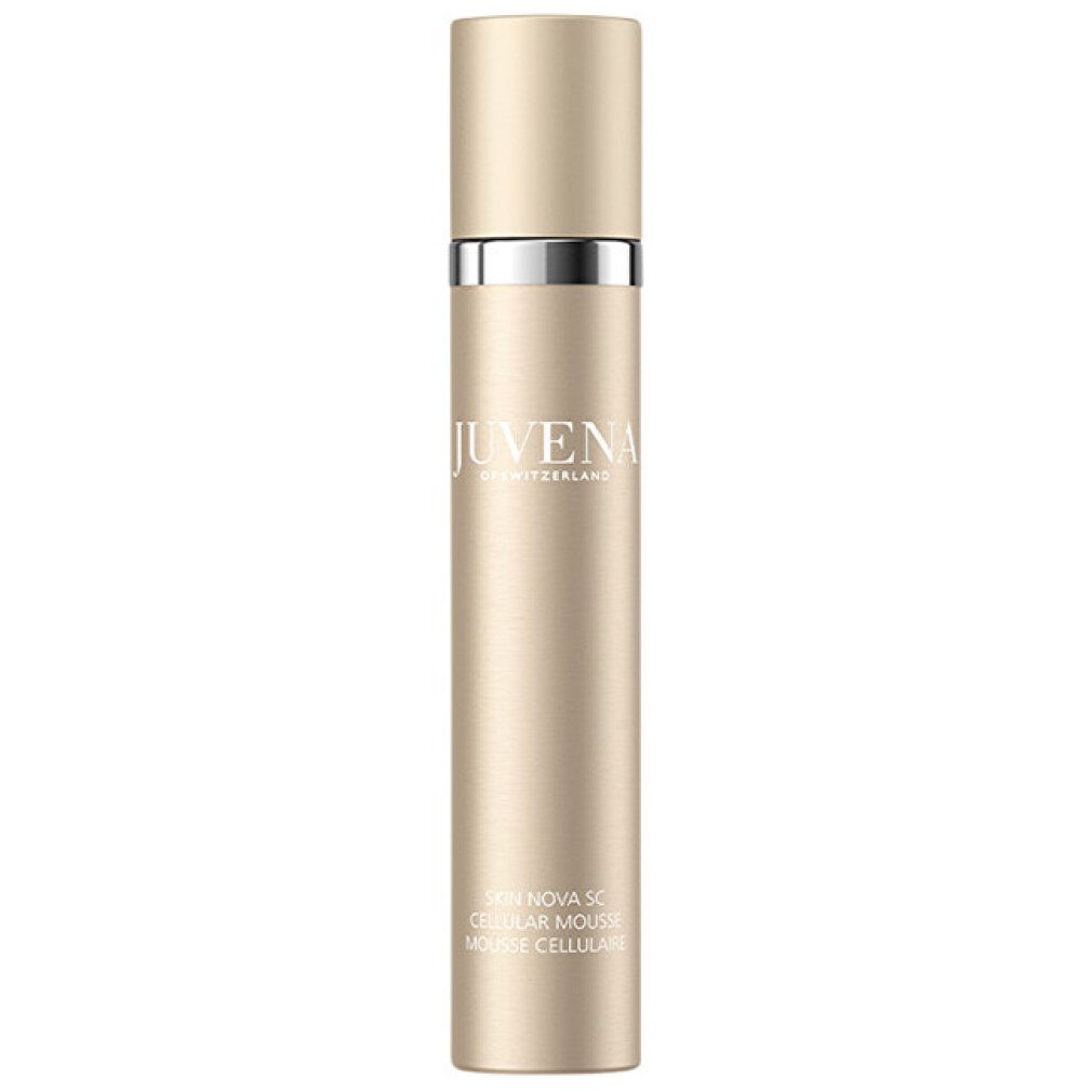 Zylindrische Flasche mit Deckel. Aufschrift: Juvena. Text: Skin Nova SC Cellular Mousse. Farbe: Gold.