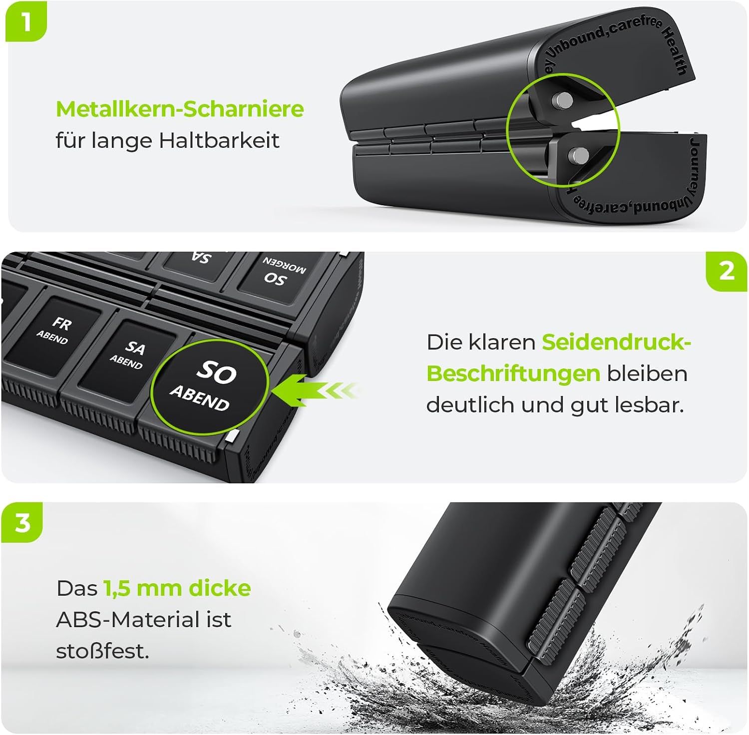 Schwarzer Pillen-Organizer mit 14 Fächern, Maße: 20,5 x 5,2 x 5 cm.