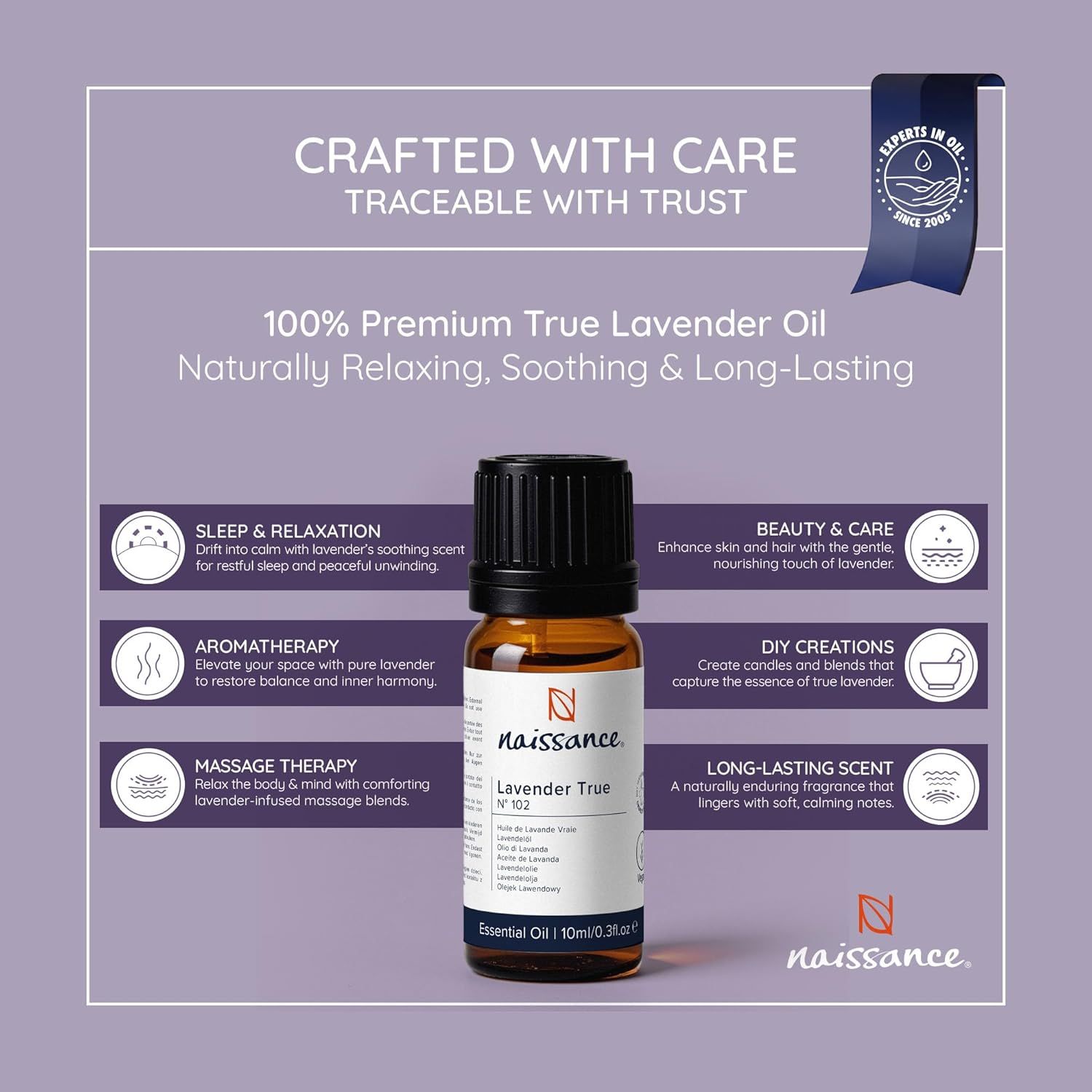 Braune Glasflasche mit schwarzem Deckel. Etikett mit Produktinformationen. Naissance ätherisches Lavendelöl. Aufschrift: 100% Premium True Lavender Oil.