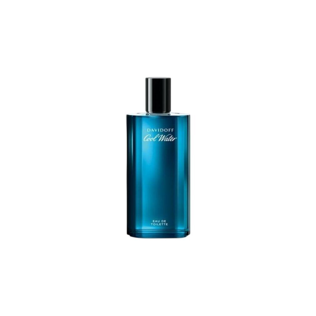 Davidoff Cool Water Eau de Toilette Flakon. Blaues Glas, schwarzer Verschluss. Schriftzug: Davidoff Cool Water, Eau de Toilette.