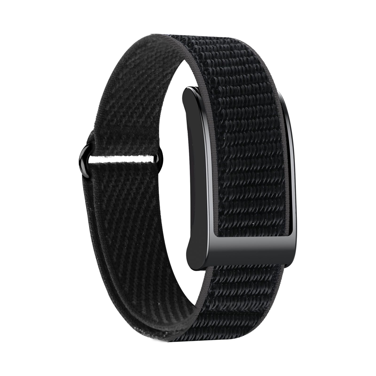 Schwarzes Textilarmband mit schwarzer Metallschnalle, seitliche Ansicht.