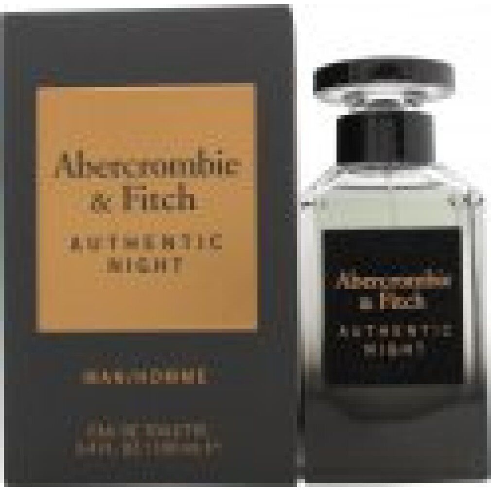 Flakon und Schachtel. Schwarze Schachtel mit goldenem Aufdruck. Flakon mit schwarzem Verschluss und Etikett. Text: Abercrombie & Fitch AUTHENTIC NIGHT.