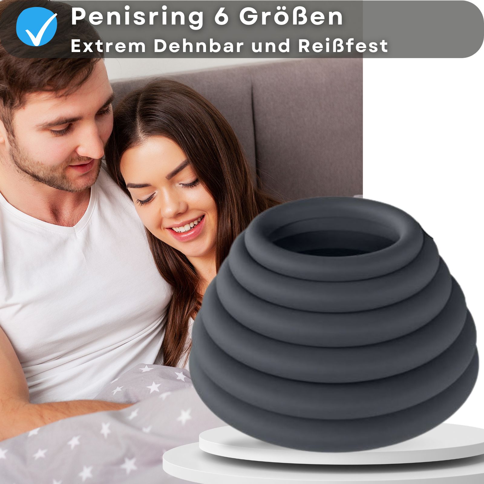 Produktabbildung mit Text: Penisring 6 Größen, dehnbar. Paar im Bett, Silikonring-Turm.