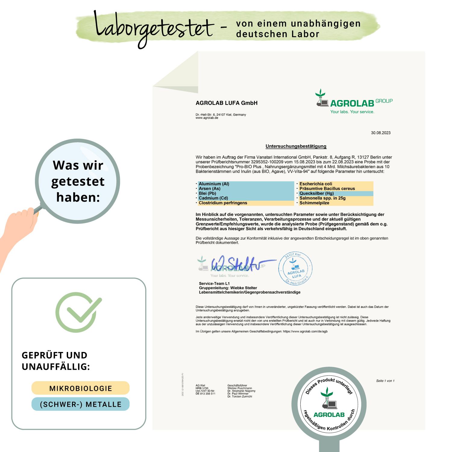 Laborbericht. Text: Geprüft und unauffällig: Mikrobiologie (Schwermetalle). Zertifizierung: AGROLAB.