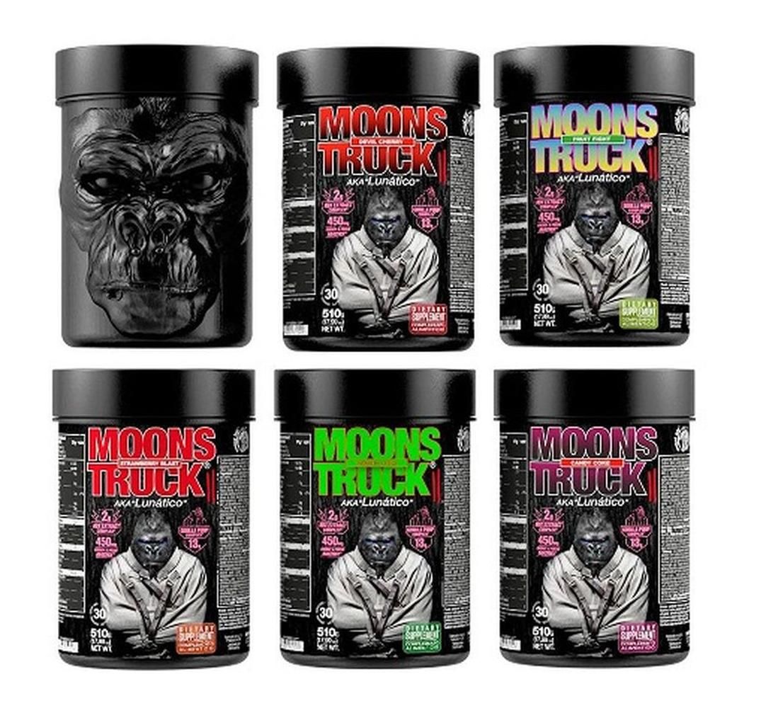 Sechs Dosen "MOONSTRUCK II" in verschiedenen Farben. Gorilla-Gesicht auf einer Dose. Etiketten mit Text und Gorilla-Bild.