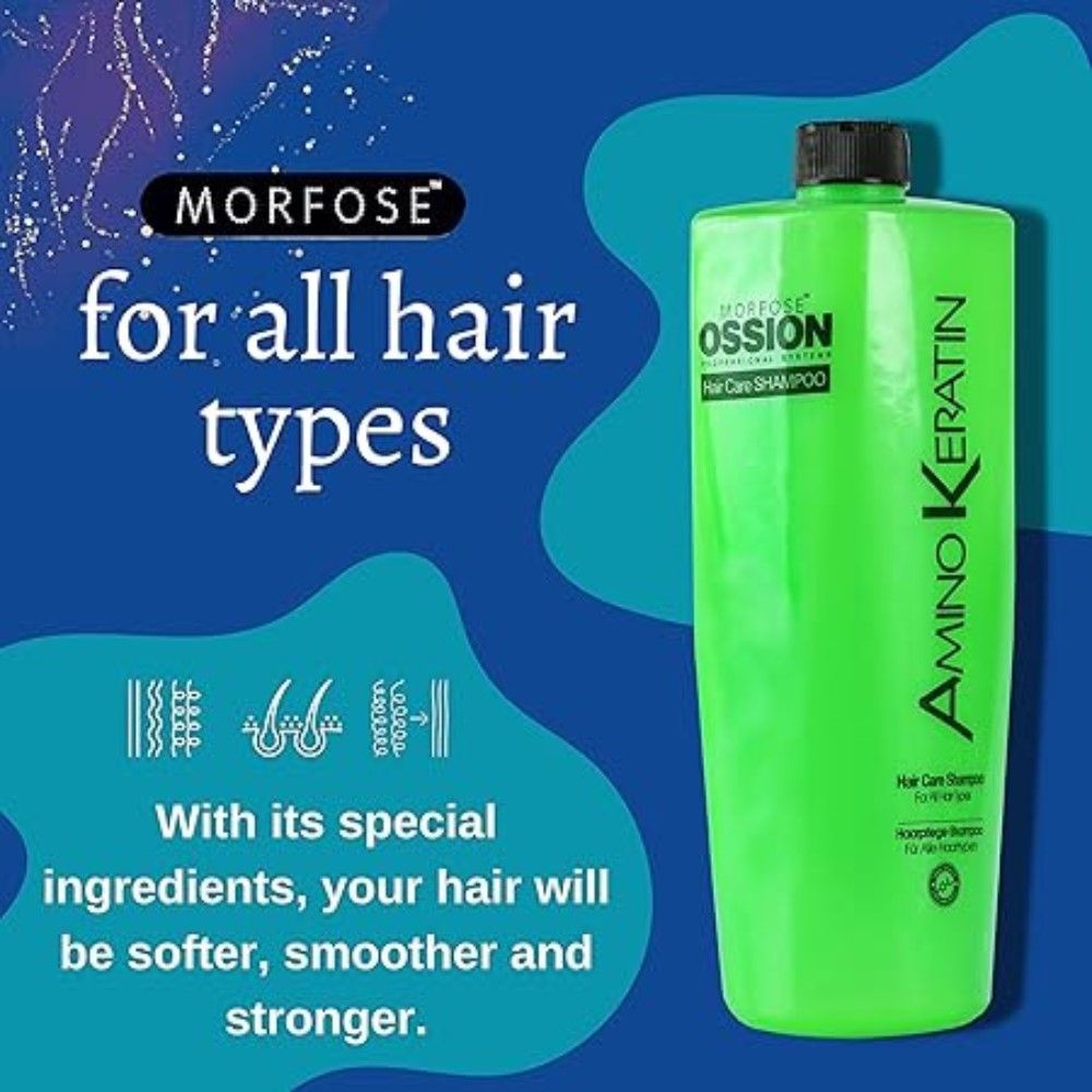 Grüne Flasche Ossion Amino Keratin Shampoo. Text: Morfose, für alle Haartypen. Enthält spezielle Inhaltsstoffe für weicheres, glatteres und stärkeres Haar.
