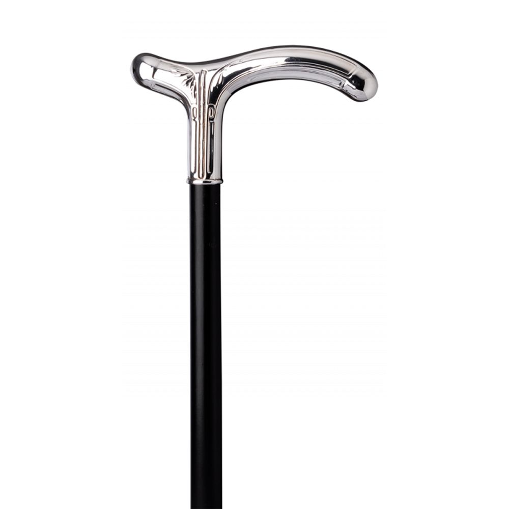 Gehstock mit silberfarbenem Griff und schwarzem Schaft. Der Griff ist gebogen und glänzend.