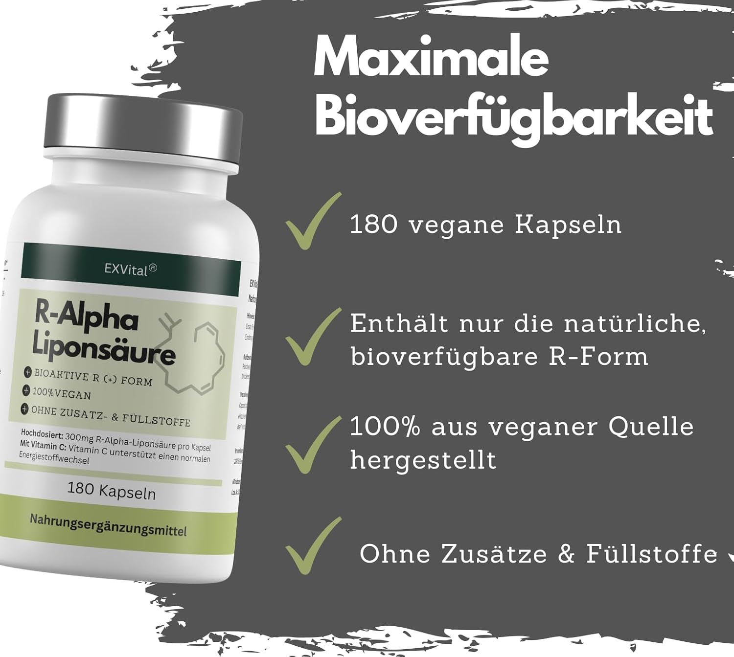 Produktflasche mit Text: Maximale Bioverfügbarkeit. 180 vegane Kapseln, nur R-Form, 100% vegan, ohne Zusätze.