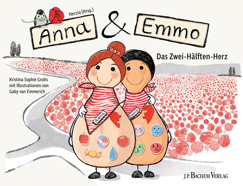 Buchcover mit Illustrationen von Anna & Emmo. Titel: Das Zwei-Hälften-Herz. Zwei Figuren umarmen sich. Aufschrift: J.P. Bachem Verlag.