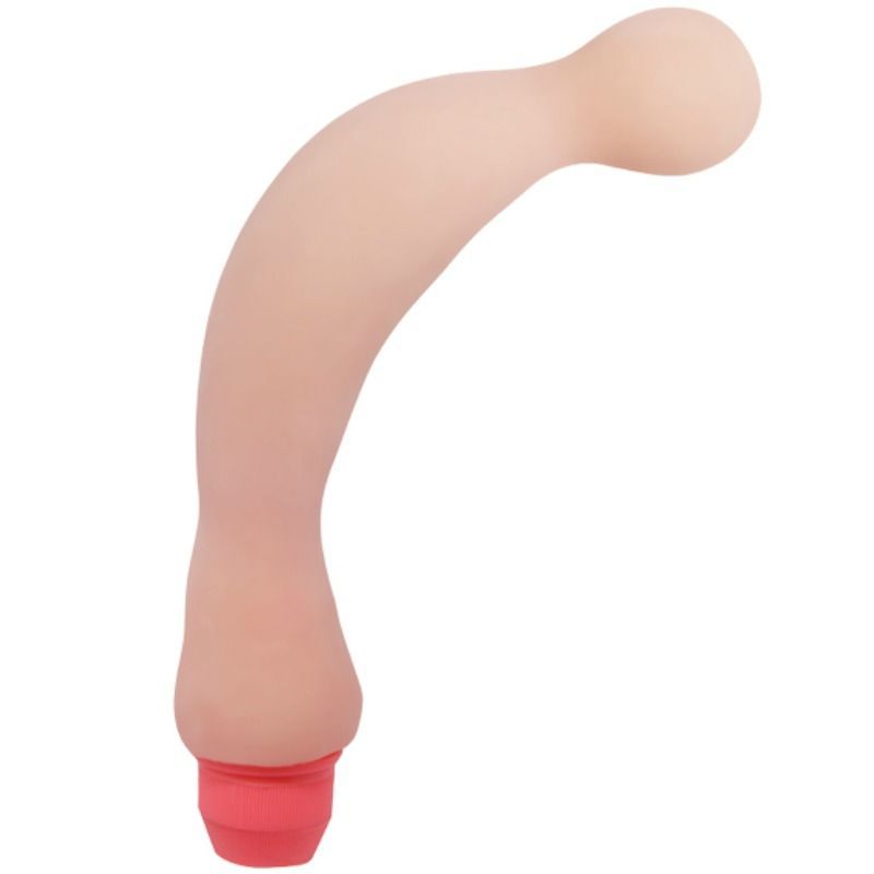 Beigefarbener, gebogener Vibrator mit rosa Spitze. Abgerundete Form.