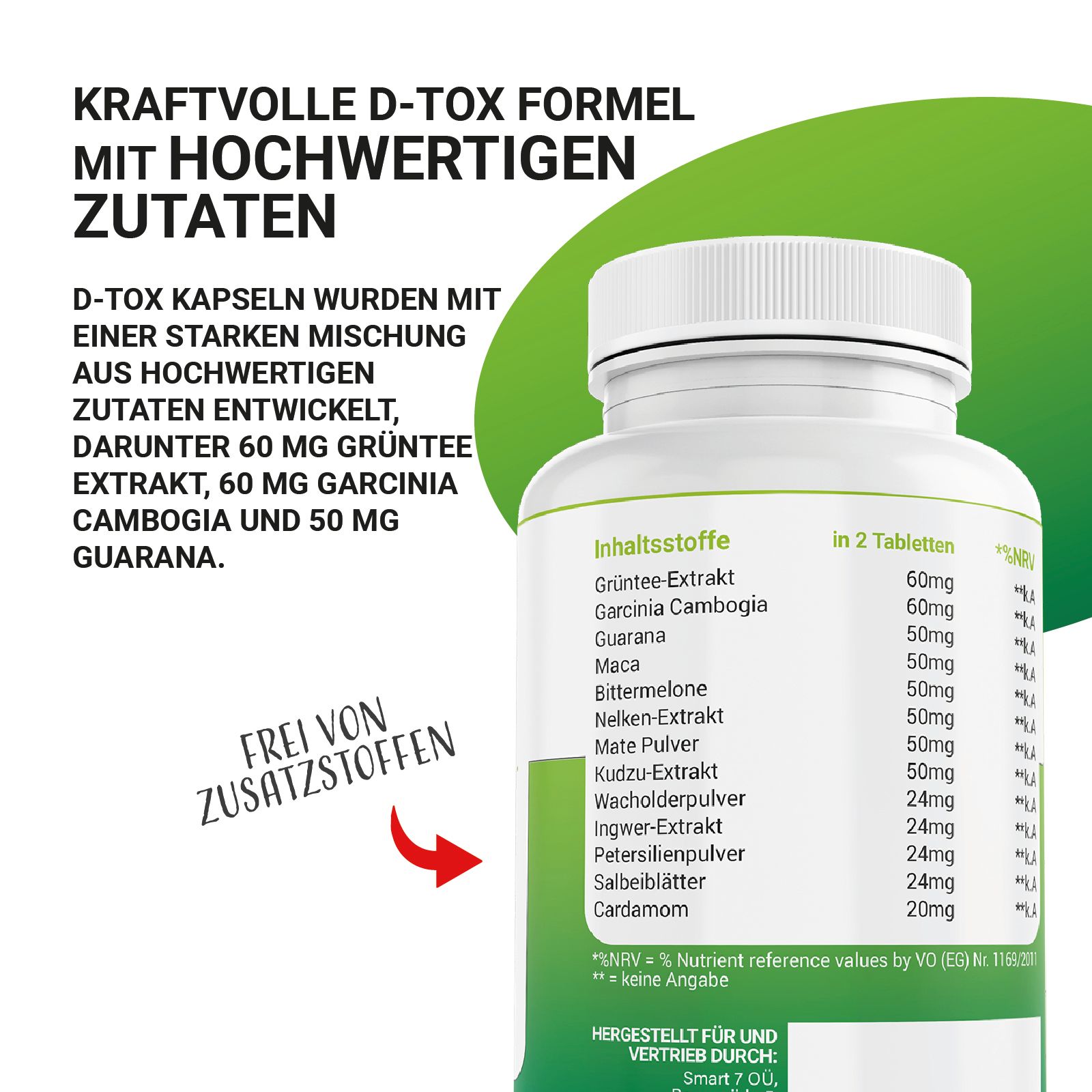 Saint Nutrition D-Tox Tabletten Flasche mit Inhaltsstoffliste. Text: Kraftvolle D-Tox Formel mit hochwertigen Zutaten. Frei von Zusatzstoffen.